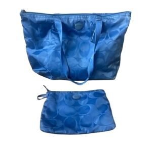 Coach Blue Signature Nylon Tote Bag w/ Matching Zip Pouch – Lightweight Travel